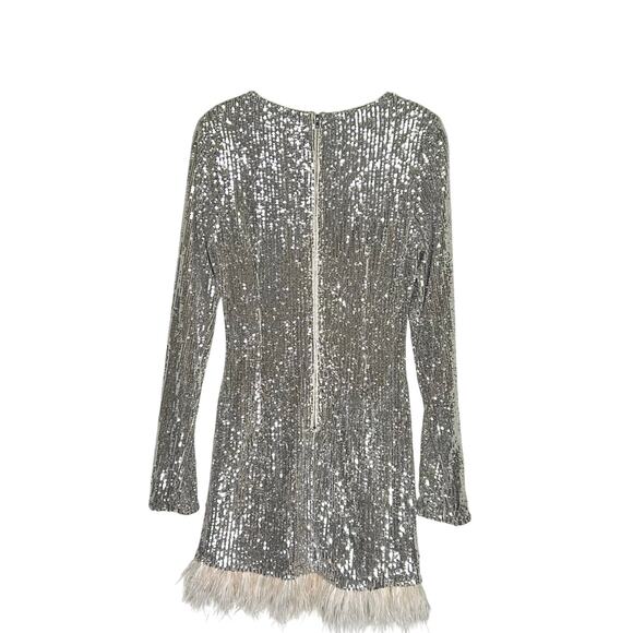 Apeach‎ Silver Sequin Min Dress With Feather Hem Long Sleeves Sz L - Picture 5 of 13
